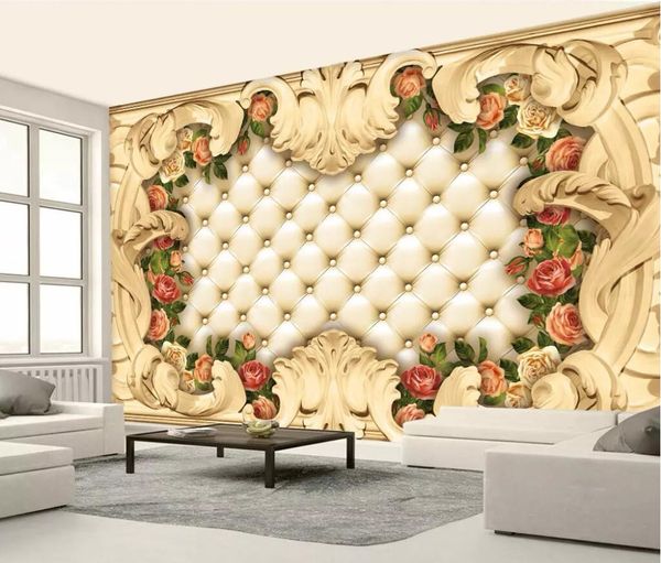 

3D high-end wallpaper custom living room bedroom mural European border luxury soft bag rose sofa background wall, Beige