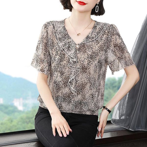 

women's blouses & shirts summer korean style 2021 chiffon women fashion print blouse female vintage casual leopard shirt, White