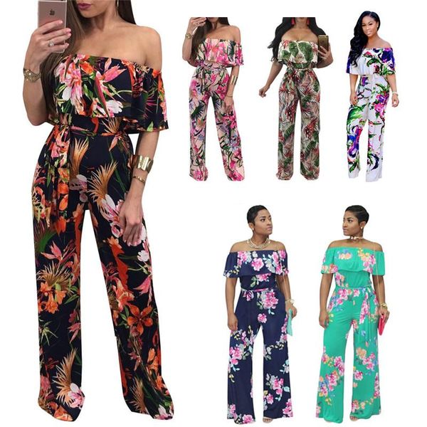 

women's jumpsuits & rompers women jumpsuit floral print cascading ruffle slash neck lady long wide legs pants chic streetwear vacation, Black;white