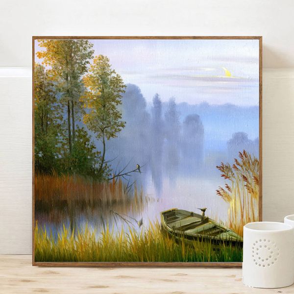 Nordic Country Poster Canvas Painting Wall Art Pittura a olio Stampa Immagini di lago e barca per soggiorno Decorazione domestica Cuadros