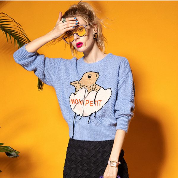 

sweaters preppy style autumn winter women light blue cute kawaii cartoon embroidery knitted pullover cropped sweater, White;black