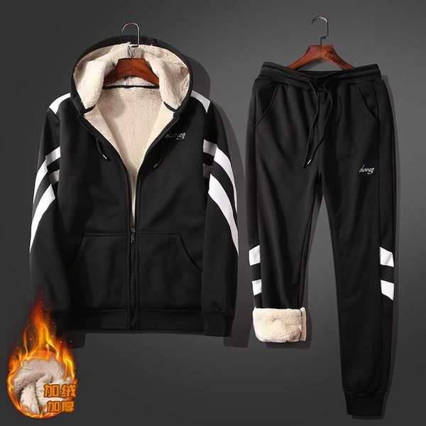 

men's tracksuits letter print men tracksuit winter thick casual zipper sportswear mens hooded sets jackets+pants fleece stripe sports s, Gray