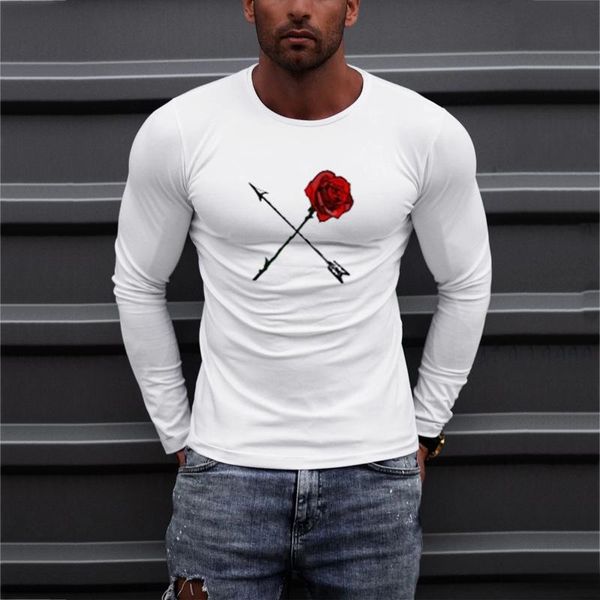

men's t-shirts men summer long sleeve tees rose printing casual o neck tee shirt streetwear slim basic tshirts male camisetas, White;black