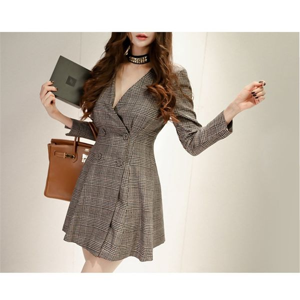 

summer fashion plaid double-breasted dress v-neck high waist office lady party dress 210514, Black;gray