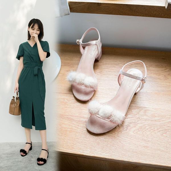 

dress shoes fur gladiator sandals women summer 2021 pompom pumps square heels 34-43 wedges sweet strap slingbacks sandale, Black