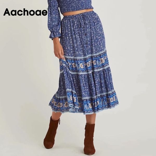 

women boho floral print midi skirts bow tie high waist vintage a line casual beach skirt faldas mujer moda 210413, Black
