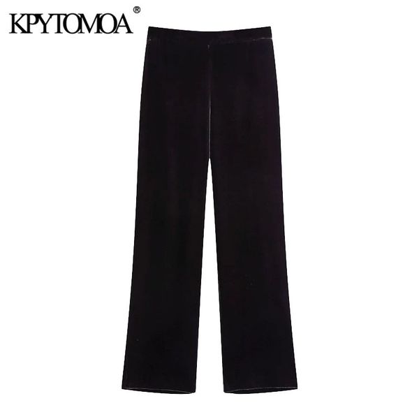 

women fashion straight fit velvet pants vintage high elastic waist side pockets female ankle trousers mujer 210416, Black;white