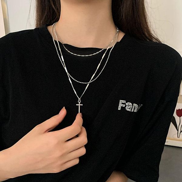 

chains titanium steel cross three layer stainless necklace for women simple jewelry accessories, Silver