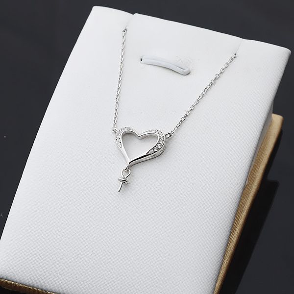

diy s925 silver heart-shaped love necklace female pendant collarbone pearl empty support chain accessories 377