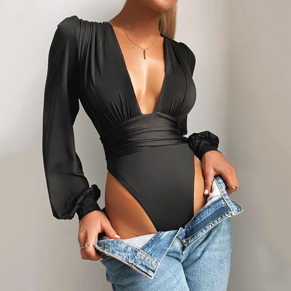 

ruched woman romper panel bodysuit women body winter plunging neck date night party long sleeve puff shoulder, Black;white