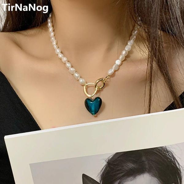 

pendant necklaces retro baroque irregular natural pearl for women blue green color glass heart chokers necklace wedding jewelry, Silver