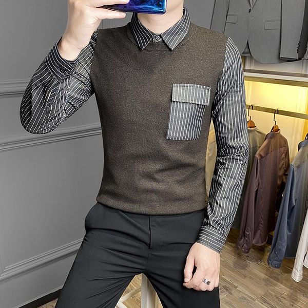 

men's sweaters men 2021 spring autumn fashion knitted pullovers male fake two shirt collar casual stripe patchwork o122, White;black
