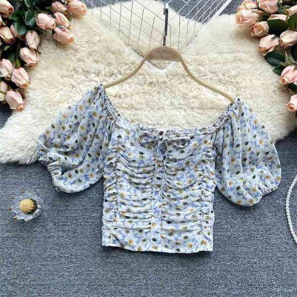 

summer women korean fashion square neck flower print short sleeve fold chiffon shirt blusas mujer blouse s409 210527, White