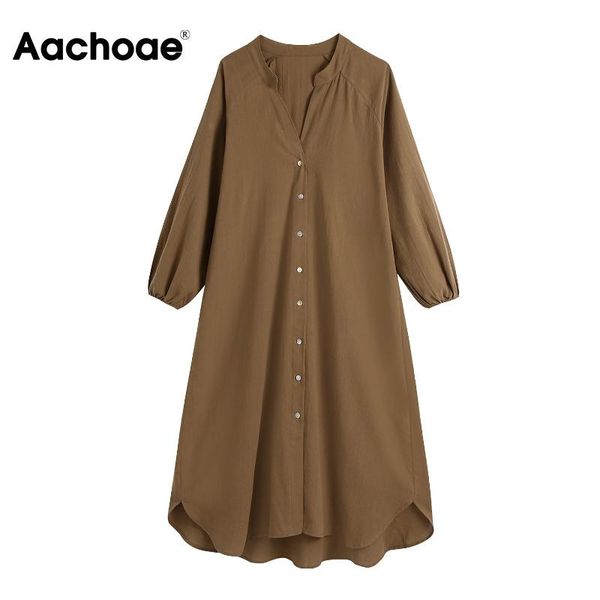 

casual dresses aachoae women solid color asymmetric linen shirt dress lantern long sleeve buttons midi female a line loose, Black;gray