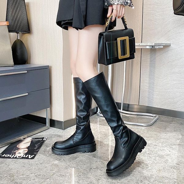 

boots women's shoes fashion platform thick heel slant mid-heel women casual brand woman botas de mujer, Black