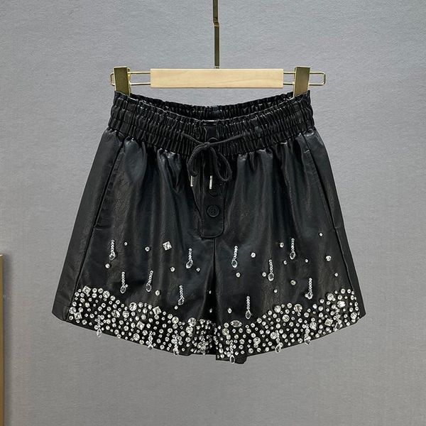 

women's shorts diamond pu leather for women outerwear 2021 autumn winter elastic high waist loose and slimming black wide leg, White;black