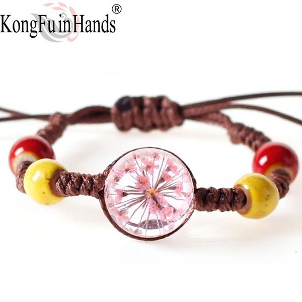 

charm bracelets style ceramics bracelet handmade real dry plant flower glass ball diy weave adjustable bangle women fashion, Golden;silver