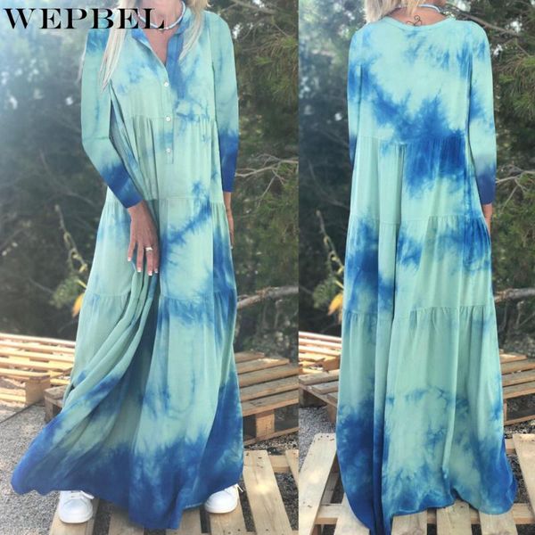 

casual dresses wepbel dress women's tie-dye printed single-breasted summer long sleeve loose turn-down collar pleated, Black;gray