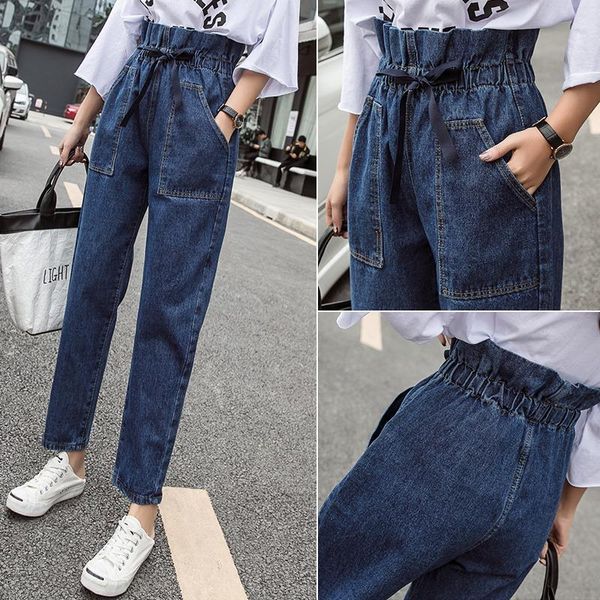 

women's jeans high waisted denim elastic waist korean style lace-up loose straight pants women baggy slit drawstring streetwear, Blue