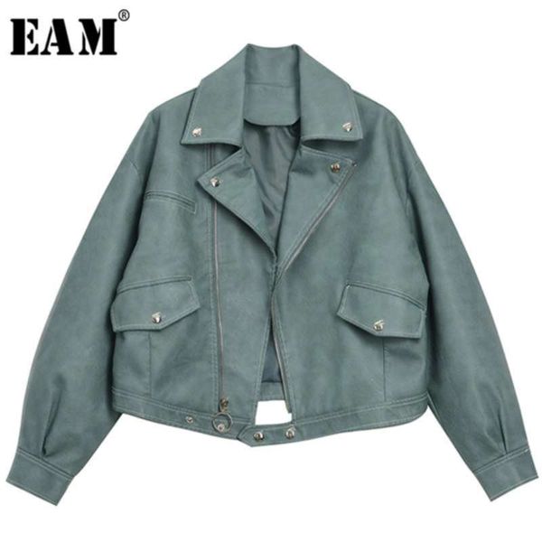 [EAM] Свободный крой, зеленая короткая куртка из искусственной кожи с разрезом, женское пальто с отворотами и длинными рукавами, модное весеннее пальто 1Y643 210928