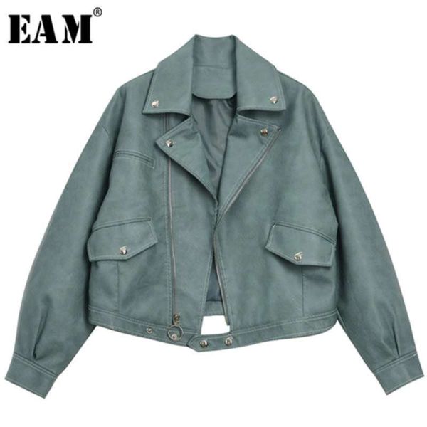 

[eam] loose fit green pu leather split joint short jacket lapel long sleeve women coat fashion tide spring 1y643 210928, Black;brown