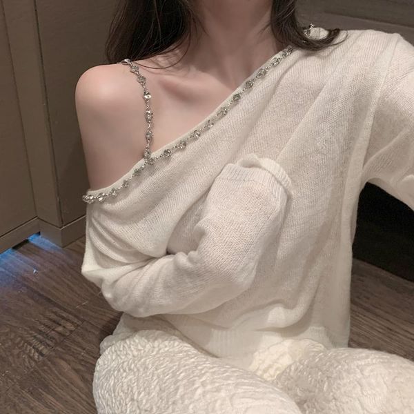 

women's t-shirt knitted t-shirts one-shoulder spring and autumn diamond strip long sleeve white sweater loose casual clothes