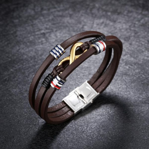 Bracelets de charme Brown Color Fashion Men's Leather Bracelet Acessórios de aço inoxidável 21 cm Long Bangle para Hip Hop Stylish Noffriend Gift