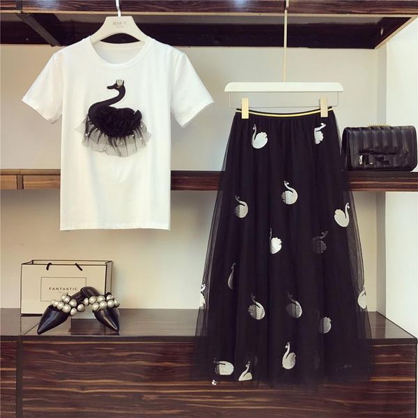 

two piece dress white cotton appliques beading embroidery swan t-shirt mesh women skirt 2 sets + black tull long suits