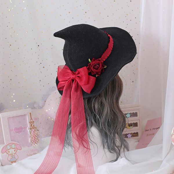 

party hats halloween wizard hat lolita decoration vintage gothic magic girl rose flower bowknot ribbon witch peaked cap headwear
