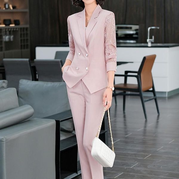 

women's two piece pants double breasted blazer oversize lace pink spring summer 2021 women fashion ladies green jacket slim pant suit, White