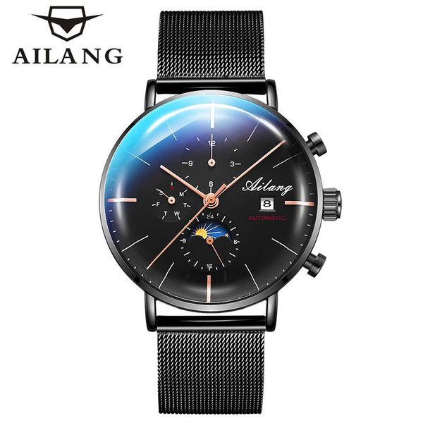 

wristwatches ailang automatic mechanical men watches stainless steel waterproof date week black fashio classic wrist reloj hombre, Slivery;brown