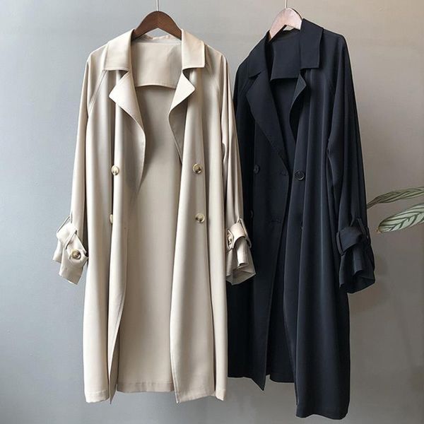 

women's trench coats spring autumn thin windbreaker long korean style loose solid over the knee black coat vintage women clothes, Tan;black