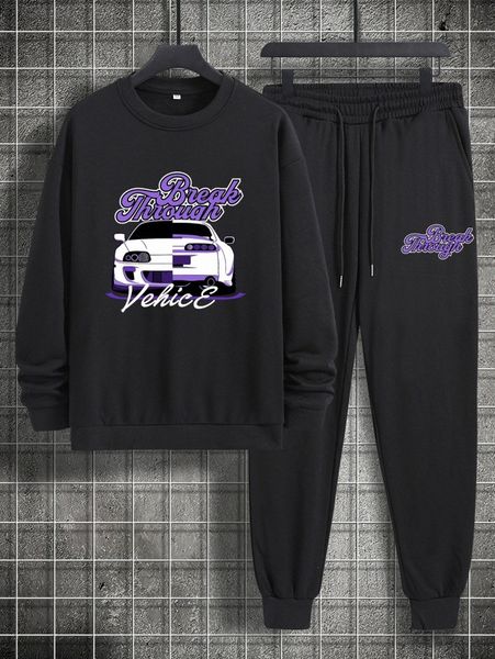 

romwe guys letter car graphic sweatshirt & drawstring sweatpants 08fv#, Gray
