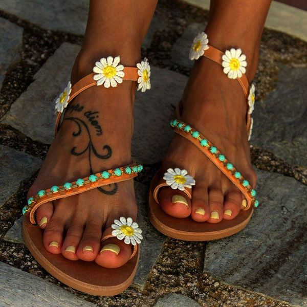 

bead women sandals beach flat ladies flowers shoes 2021 summer open toe plus size woman casual, Black