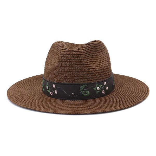 

wide brim hats panamas women hat solid belt band straw khaki black white outdoor jazz caps western cowboy sun casual beach, Blue;gray