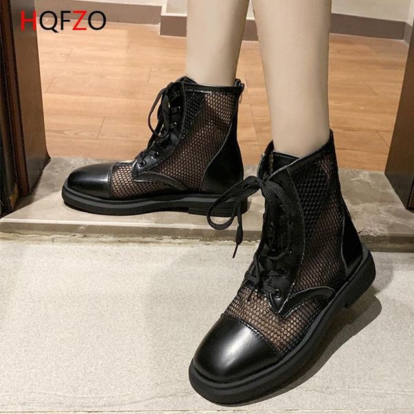 

boots hofzo fashion pu leather mesh for women platform zip sandals autumn summer white booties 2021, Black