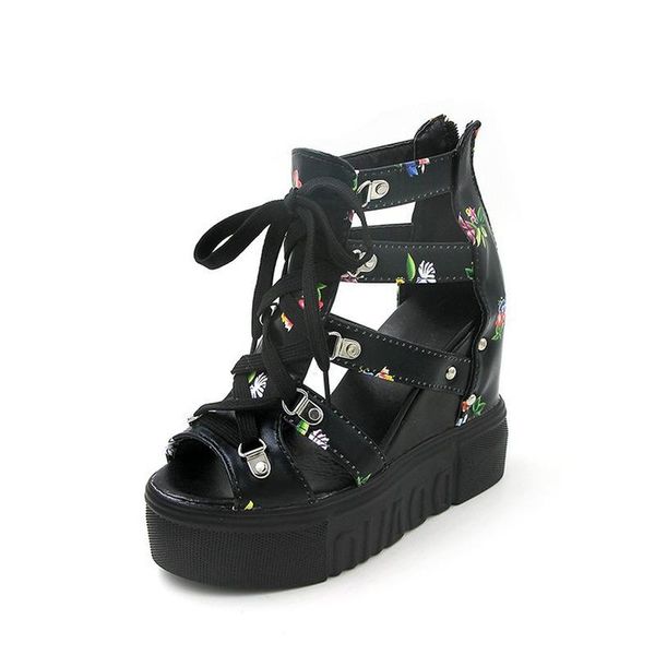 

women's sandals waterproof platform slope with thick-soled female fish mouth increased printing, Black