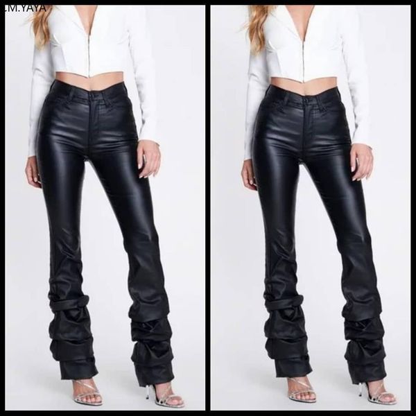 

winter autumn club women capris high waist draped hem pu leather fashion active wear elegant long trousers glld8619, Black;white