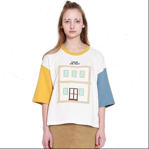 

women t shirts summer shirt fashion harajuku half sleeve patchwork house embroidery cotton cute tee, White