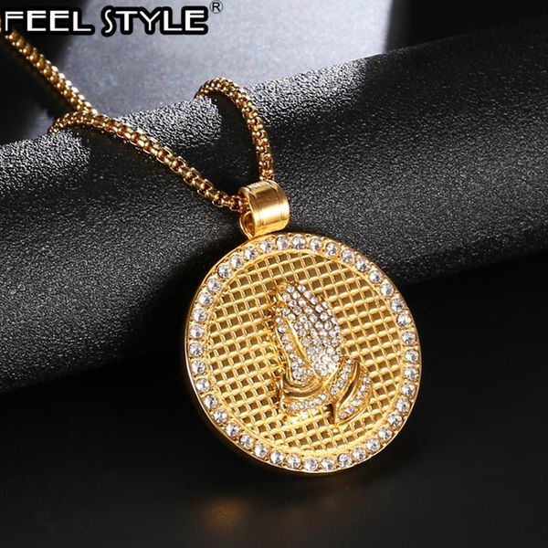 

pendant necklaces 316l stainless steel hip hop praying hands men bling iced out crystal gold color big round pendants mens rock jewelry, Silver