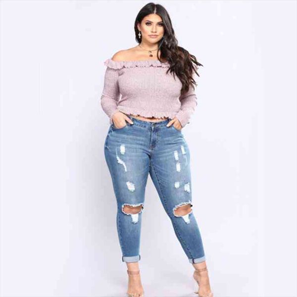

plus size clothing 2xl women jeans 7xl ripped skinny denim casual stretch pencil pants office ladies arrival, Blue