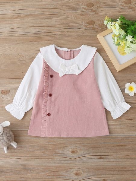 

baby girl color block flounce sleeve bow detail corduroy dress she01, Red;yellow