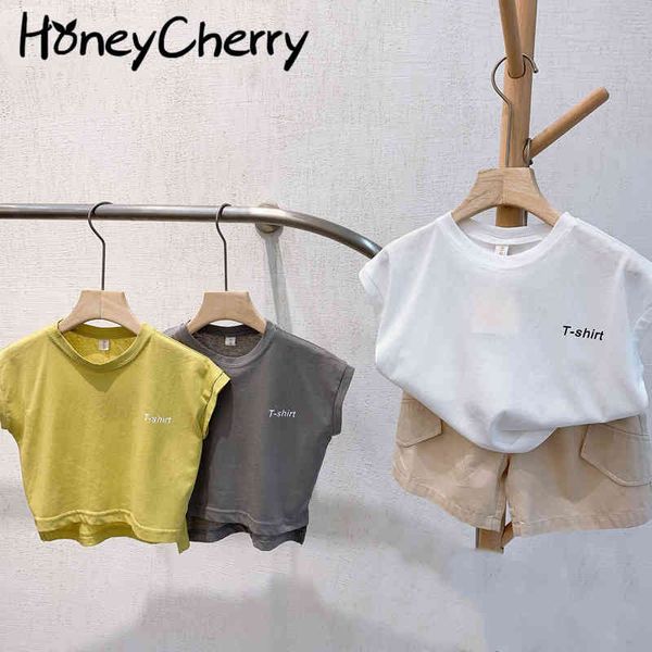 Verão versão coreana do t-shirt infantil bebê cor sólida rodada colarinho camisa de fundo sem mangas meninos Tee 210515
