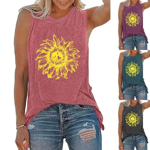 

women's t-shirt vest little daisy print round collar sleeveless, White