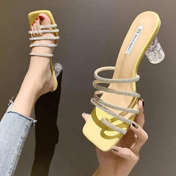 

slippers low shoes woman 2021 square heel transparent heeled mules luxury slides pantofle jelly flip flops med black sandals blo