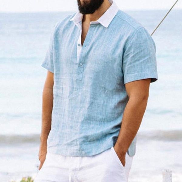 

men's t-shirts cotton linen t-shirt casual male light shirt short sleeve stand collar front pocket summer for men, White;black