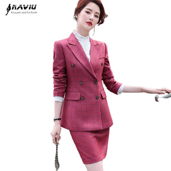 

plaid suit temperament buisess spring fashion high end formal slim blazer and skirt office ladies work wear 210604, White