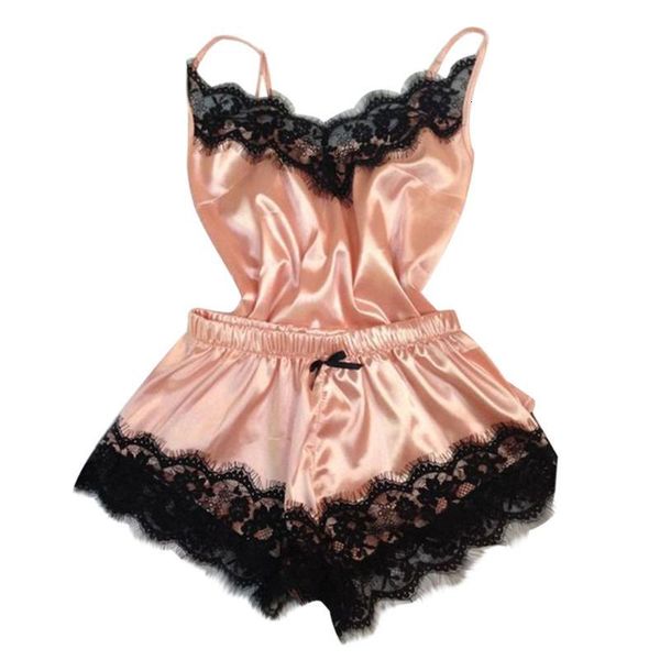 

women's sleepwear pajamas set satin black lace v-neck pyjama femme sleeveless cute cami and shorts #lr3 nsil, Black;red