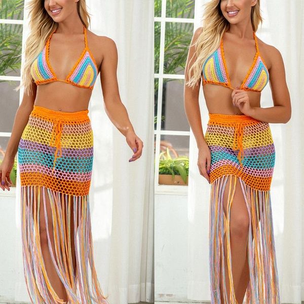 

pool & accessories women 2 piece swimsuit cover ups hollow out crochet mesh halter bikini and tassels long skirt rainbow colorful m