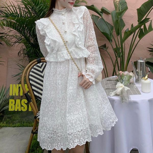 

casual dresses elegant women french lace stand collar long sleeve dress 2021 spring korean fashion ruffle pearl button robe femme sweet vest, Black;gray